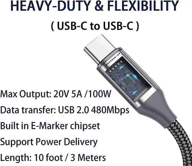 Alt view image 5 of 5 - 20FT USB-C to USB-C Cable 100W/5A,Extra Long Type-C Fast Charging Cord for iPhone 15 Pro Max,Macbook Air/Pro,Samsung Galaxy S23 S22 Note 20,Moto G9 Plus,BLU G90 Pro,Sony PS5,Xbox,Surface,Switch,Laptop