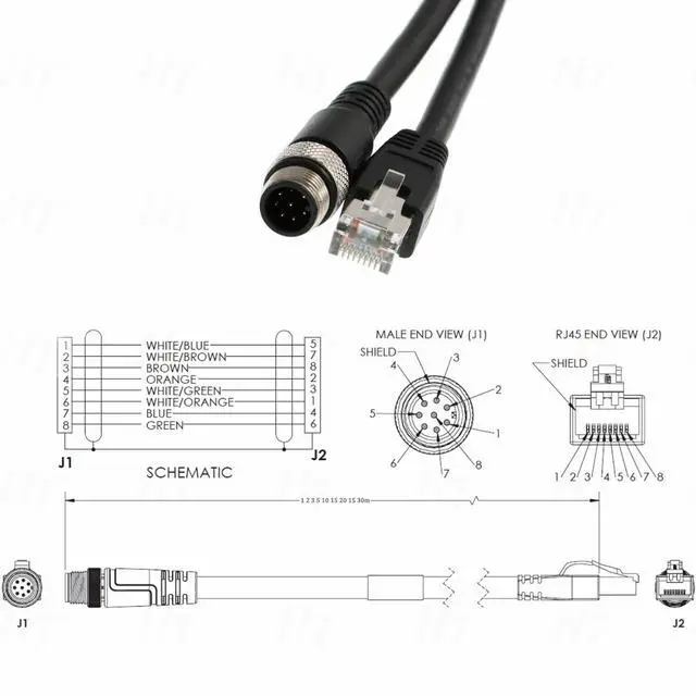 Alt view image 3 of 4 - HangTon M12 Ethernet Cable for Cognex Vision Camera Barcode Reader Checker 4G Omron MicroHawk V430-F, 8 Pin A-Coded to RJ45 CAT6 Network PLC 1M