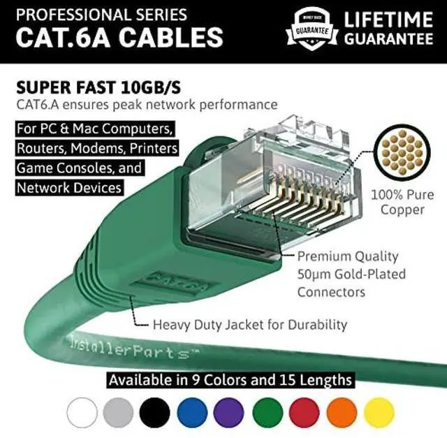 Alt view image 2 of 4 - InstallerParts Ethernet Cable CAT6A Cable UTP Booted 25 FT - Green - Professional Series - 10Gigabit/Sec Network/High Speed Internet Cable, 550MHZ