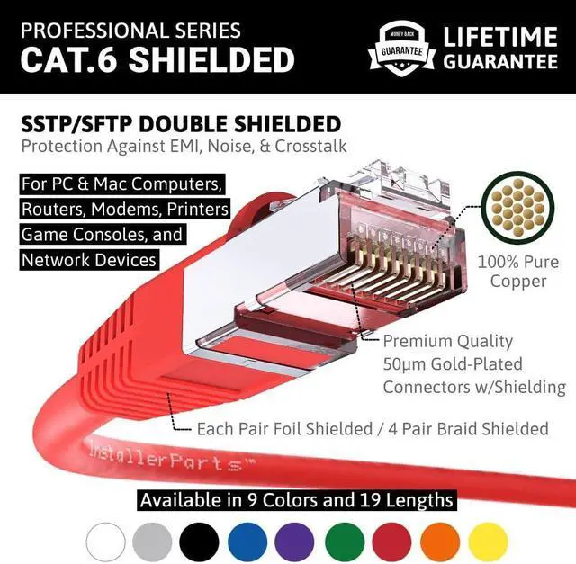 Alt view image 2 of 5 - InstallerParts (10 Pack Ethernet Cable CAT6 Cable Shielded (SSTP/SFTP) Booted 6 FT - Red - Professional Series - 10Gigabit/Sec Network/High Speed Internet Cable, 550MHZ