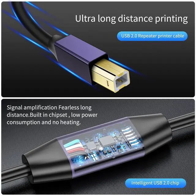 Alt view image 4 of 5 - LDKCOK Active USB 2.0 Printer Cable 60ft - A-Male to B-Male High Speed Printer/Scanner/Repeater Cable for HP, Canon, Epson, Dell, Samsung etc