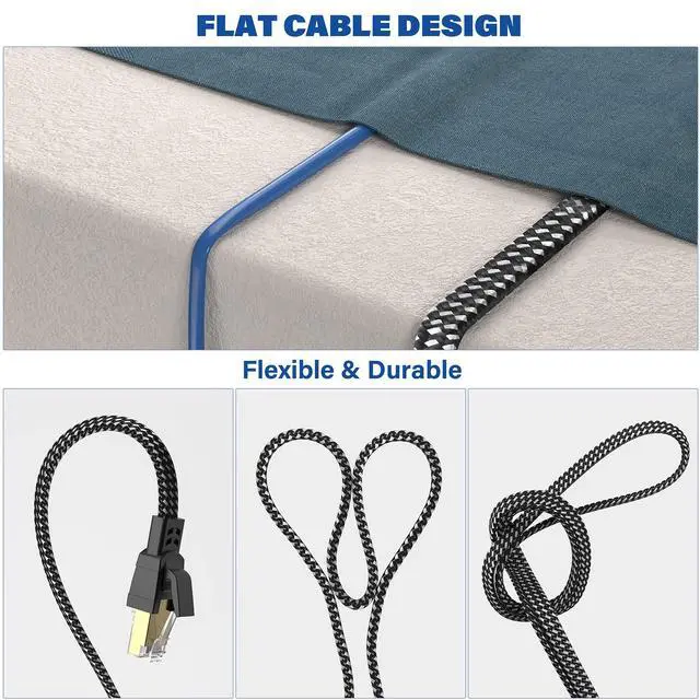 Alt view image 4 of 5 - Cat 8 Ethernet Cable 30 ft, Nylon Braided High Speed Heavy Duty Cat8 Network LAN Patch Cord, 40Gbps 2000Mhz SFTP RJ45 Flat Internet Cable Shielded in Wall, Indoor&Outdoor for Modem/Router/Gaming/PC