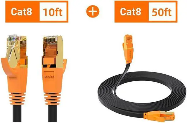 Main image of Cat8 Ethernet Cable (10ft + Flat 50ft), Outdoor&Indoor, Heavy Duty High Speed 26AWG Cat8 LAN Network Cable 40Gbps, 2000Mhz with Gold Plated RJ45 Connector, Weatherproof S/FTP UV Resistant for Router