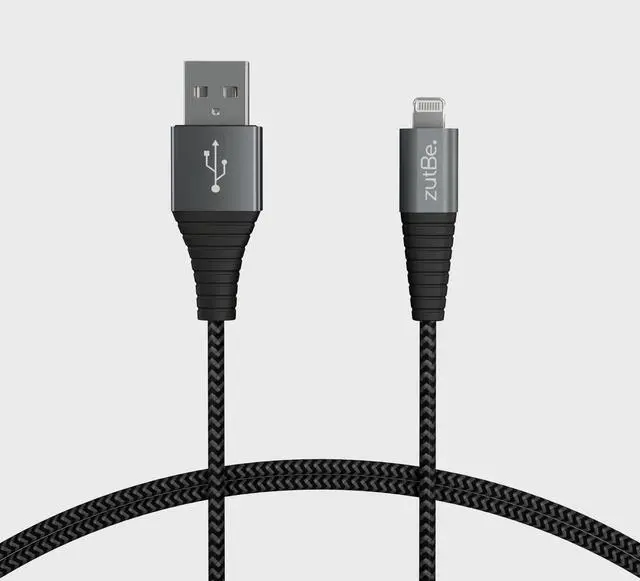 Main image of zutBe Shield Silver&Black MFi Certified Lightning Cable, Reinforced Braided Kevlar Charger Compatible with All iPhone 12, SE, 11, X, 8, 7, 6, iPad, iPod [Be Charitable, Durable, Confident] (10 Ft)