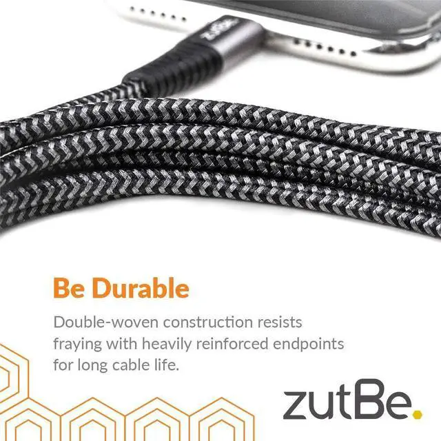 Alt view image 2 of 5 - zutBe Shield Silver&Black MFi Certified Lightning Cable, Reinforced Braided Kevlar Charger Compatible with All iPhone 12, SE, 11, X, 8, 7, 6, iPad, iPod [Be Charitable, Durable, Confident] (10 Ft)
