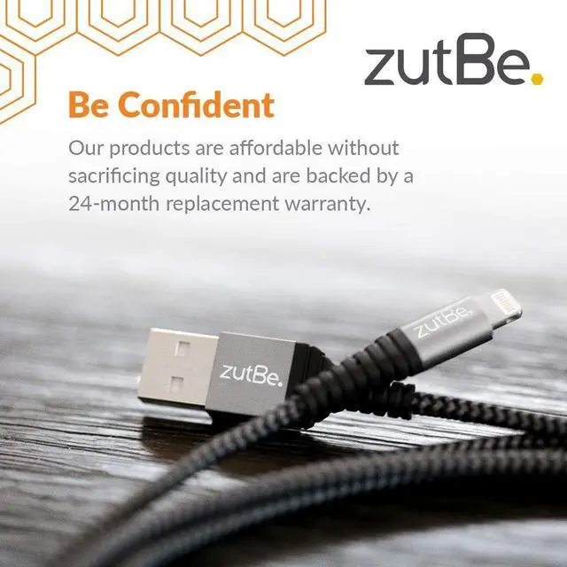 Alt view image 4 of 5 - zutBe Shield Silver&Black MFi Certified Lightning Cable, Reinforced Braided Kevlar Charger Compatible with All iPhone 12, SE, 11, X, 8, 7, 6, iPad, iPod [Be Charitable, Durable, Confident] (10 Ft)