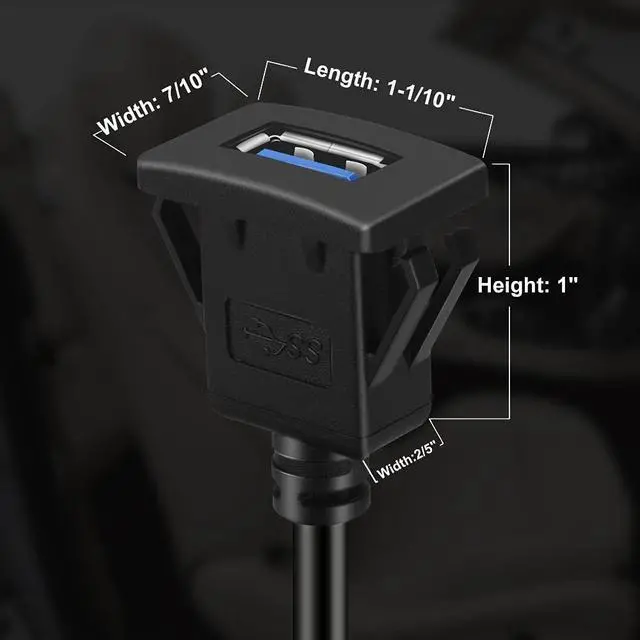 Alt view image 4 of 5 - BATIGE 5 Pack Square Single Port USB 3.0 Car Mount Flush Cable USB 3.0 Panel Flush Mount Extension Cable Waterproof for Car Truck Boat Motorcycle Dashboard 3ft