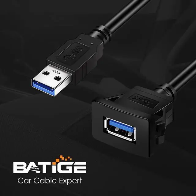 Alt view image 5 of 5 - BATIGE 5 Pack Square Single Port USB 3.0 Car Mount Flush Cable USB 3.0 Panel Flush Mount Extension Cable Waterproof for Car Truck Boat Motorcycle Dashboard 3ft