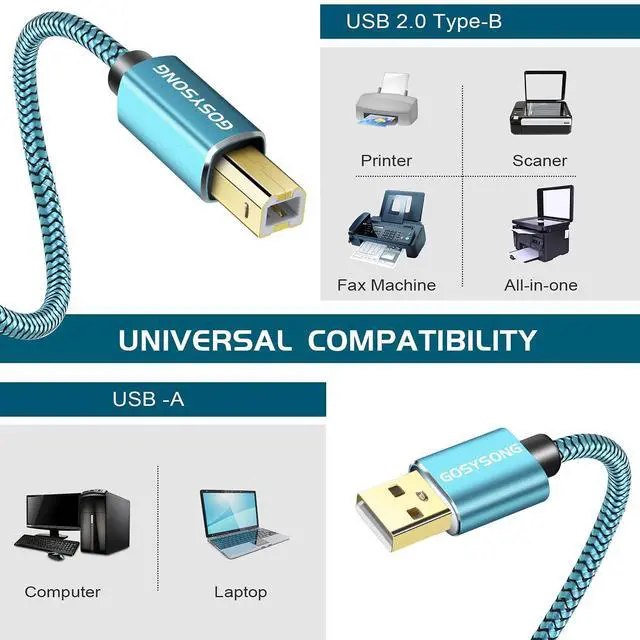 Alt view image 2 of 5 - GOSYSONG Printer Cable 50ft USB 2.0 Type A to B, High Speed Compatible With HP, Canon, Dell, Epson, Xerox, Samsung