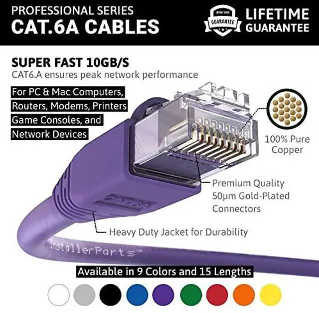 Alt view image 2 of 5 - InstallerParts (10 Pack Ethernet Cable CAT6A Cable UTP Booted 1 FT - Purple - Professional Series - 10Gigabit/Sec Network/High Speed Internet Cable, 550MHZ