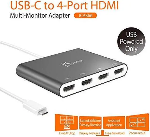 Alt view image 3 of 5 - j5create USB-C to 4 Port HDMI Adapter Hub- Multi Monitor Splitter - Support 4 1080p 60Hz Displays - Compatible with Type-C MacBook and Windows Laptop (JCA366)