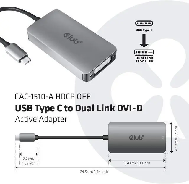 Alt view image 3 of 5 - Club3D CAC-1510-A USB Type C to Dual Link DVI-D Cable Adapter Support 3840x2160@30hz, 2560x1600@60Hz HDCP Off for Apple Cinema Displays M/F