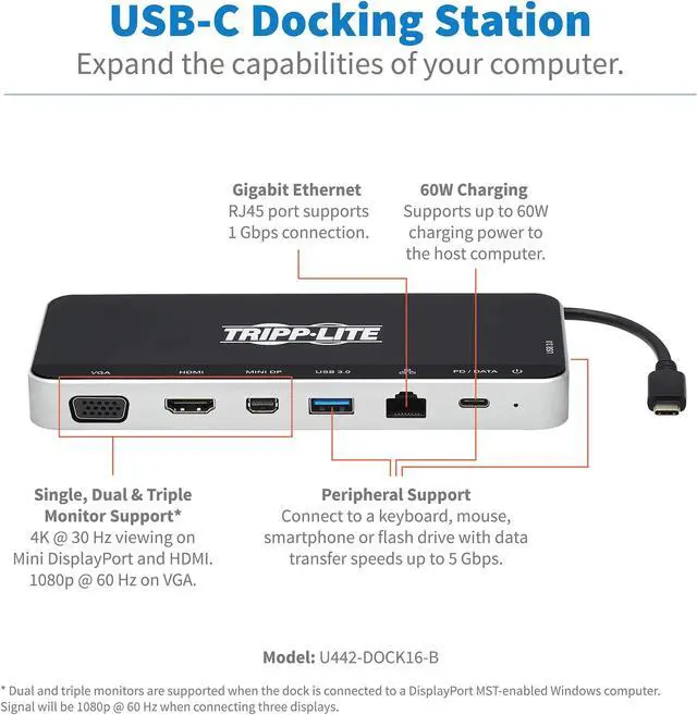 Alt view image 2 of 5 - Tripp Lite USB-C Dock, 3 Monitor Display, USB Type C Hub Adds 4K HDMI, mDP, VGA, USB 3.2 Gen 1, USB-A, USB-C, GbE, 60W PD Charging, Black (U442-DOCK16-B)