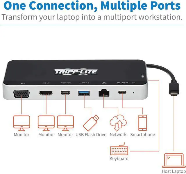 Alt view image 4 of 5 - Tripp Lite USB-C Dock, 3 Monitor Display, USB Type C Hub Adds 4K HDMI, mDP, VGA, USB 3.2 Gen 1, USB-A, USB-C, GbE, 60W PD Charging, Black (U442-DOCK16-B)