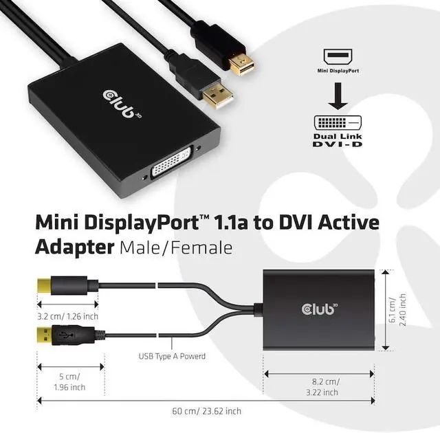 Alt view image 4 of 5 - Club 3D CAC-1130 Mini DisplayPort to Dual Link DVI, HDCP ON Version Active Adapter (for Displays with HDCP Support) M/F