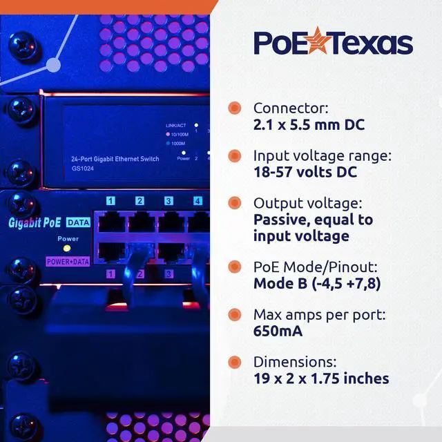Alt view image 4 of 5 - PoE Texas 24 Port PoE Injector - Multi-Port PoE Gigabit Rack Mount Midspan for IP Cameras, Phones, WiFi AP, Add Power Over Ethernet to Non-PoE Switch or Network Router, Includes 56v 240w Power Supply