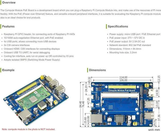 Alt view image 2 of 5 - Waveshare Compute Module IO Board with PoE Feature Composite Breakout Board for Developing with Raspberry Pi CM3 / CM3L / CM3+ / CM3+L
