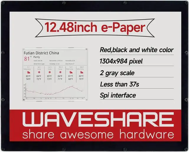 Main image of Waveshare 12.48inch E-Ink Display Module 1304×984 Resolution Red/Black/White Three-Color Compatible with Raspberry Pi 4B/3B+/3A+/2B/B+/A+/Zero/Zero W/WH/Zero 2W CM3+/4