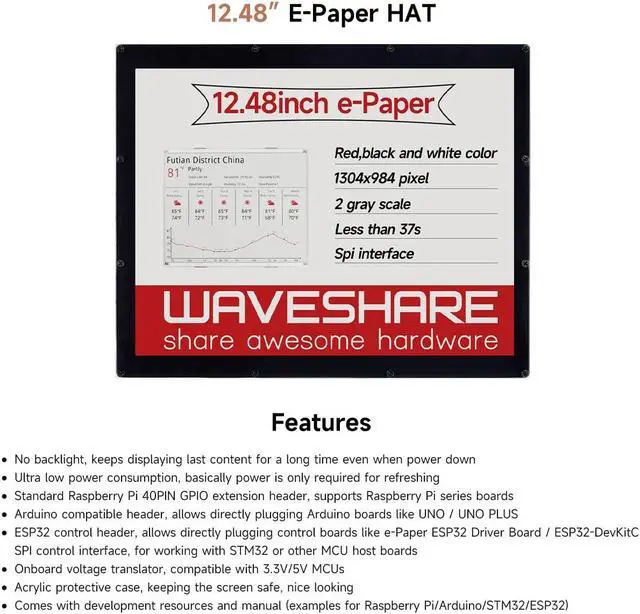 Alt view image 3 of 5 - Waveshare 12.48inch E-Ink Display Module 1304×984 Resolution Red/Black/White Three-Color Compatible with Raspberry Pi 4B/3B+/3A+/2B/B+/A+/Zero/Zero W/WH/Zero 2W CM3+/4