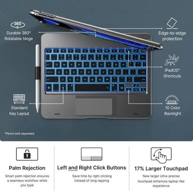 Alt view image 3 of 5 - typecase Touch iPad 9th Generation Case with Keyboard (10.2", 2021), Multi-Touch Trackpad, 10 Color Backlight, 360° Rotatable, Thin & Light for iPad 8th Gen, 7th Gen, Air 3, Pro 10.5 (Space Gray)
