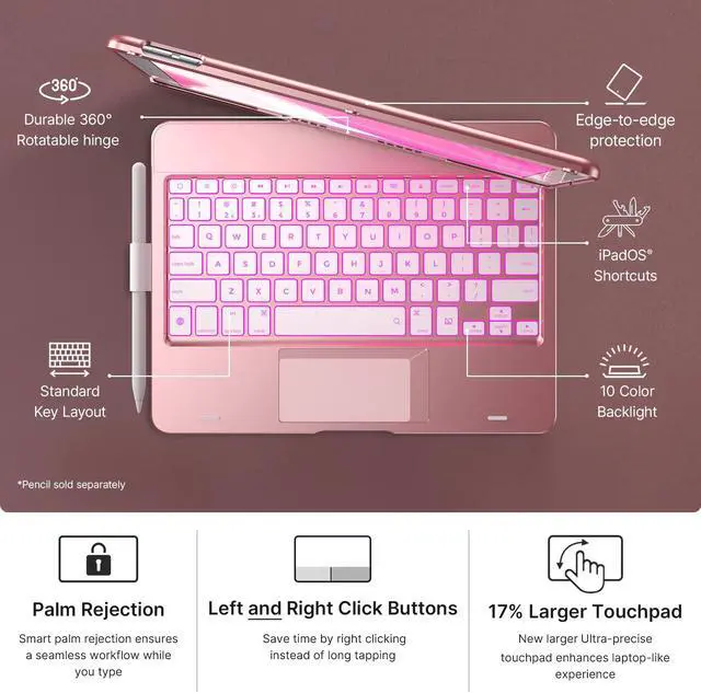 Alt view image 3 of 5 - typecase Touch Case with Keyboard for iPad 9th Generation (10.2", 2021), Multi-Touch Trackpad, 10 Color Backlight, 360, Thin & Light - iPad 8th Gen (2020), 7th Gen (2019), Air 3, Pro 10.5 (Rose Gold)