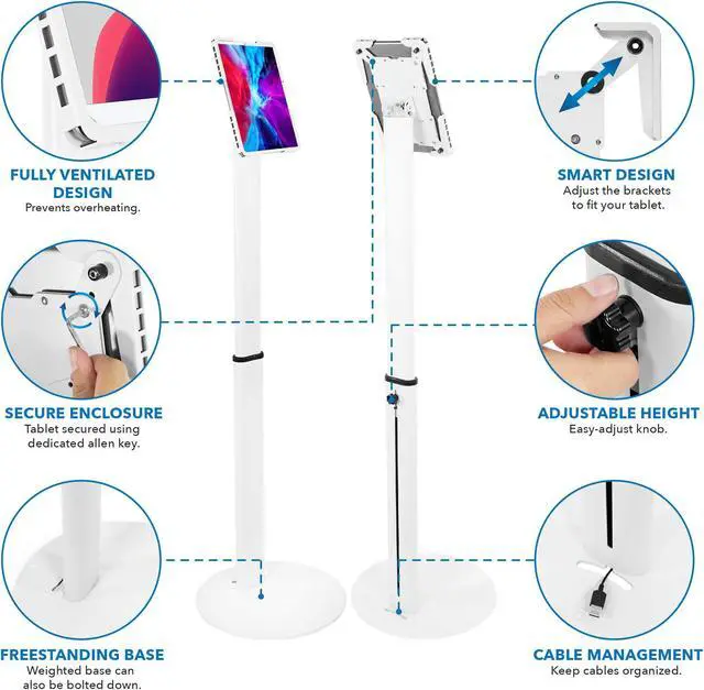 Alt view image 3 of 5 - Mount-It! Universal Tablet Floor Kiosk | Theft-Deterrent Tablet Stand | Adjustable Kiosk Floor Mount for iPad, Galaxy & Surface Tablets (White)