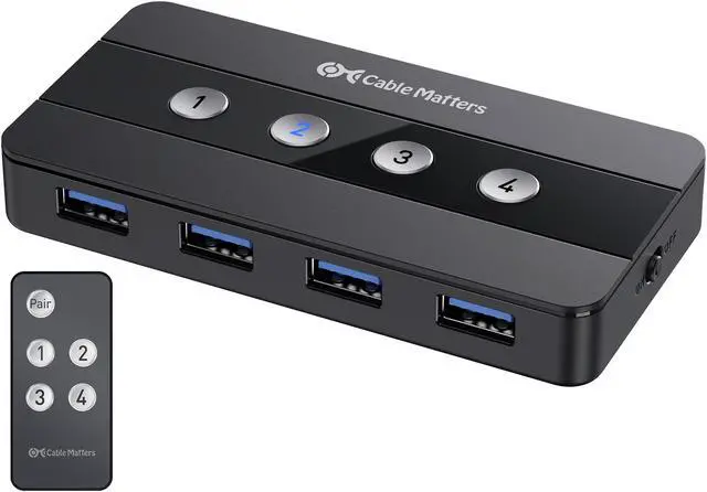 Main image of Cable Matters 4 Port USB 3.0 Switch USB Sharing Switch for 4 Computers and USB Peripherals - Button or Wireless Remote Control Switching - Includes a USB-C Adapter for USB-C USB4 and Thunderbolt 4