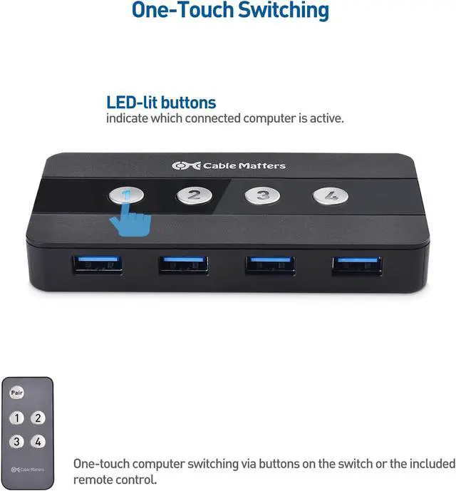 Alt view image 5 of 5 - Cable Matters 4 Port USB 3.0 Switch USB Sharing Switch for 4 Computers and USB Peripherals - Button or Wireless Remote Control Switching - Includes a USB-C Adapter for USB-C USB4 and Thunderbolt 4