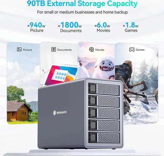 Alt view image 2 of 5 - Yottamaster 5 Bay External Hard Drive Enclosure, 150W Aluminum USB3.0 3.5" HDD Enclosure for 3.5 & 2.5 Inch SATA HDD/SSD, Support 90TB(5x18TB) Direct Attached Storage DAS, Non-RAID [FS5U3]