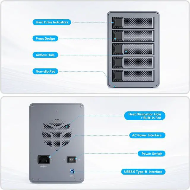 Alt view image 5 of 5 - Yottamaster 5 Bay External Hard Drive Enclosure, 150W Aluminum USB3.0 3.5" HDD Enclosure for 3.5 & 2.5 Inch SATA HDD/SSD, Support 90TB(5x18TB) Direct Attached Storage DAS, Non-RAID [FS5U3]