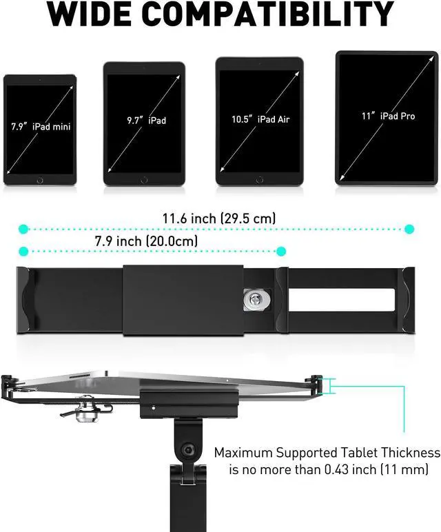 Alt view image 4 of 5 - AboveTEK Tablet Wall Mount - 360° Rotation Tablet Holder Stand with Extension Arm, Anti-Theft Kitchen Mount Fits 7"-11" Tablets Including iPad Pro/Air/Mini, Galaxy Tab - Security Lock & Key - (Black)