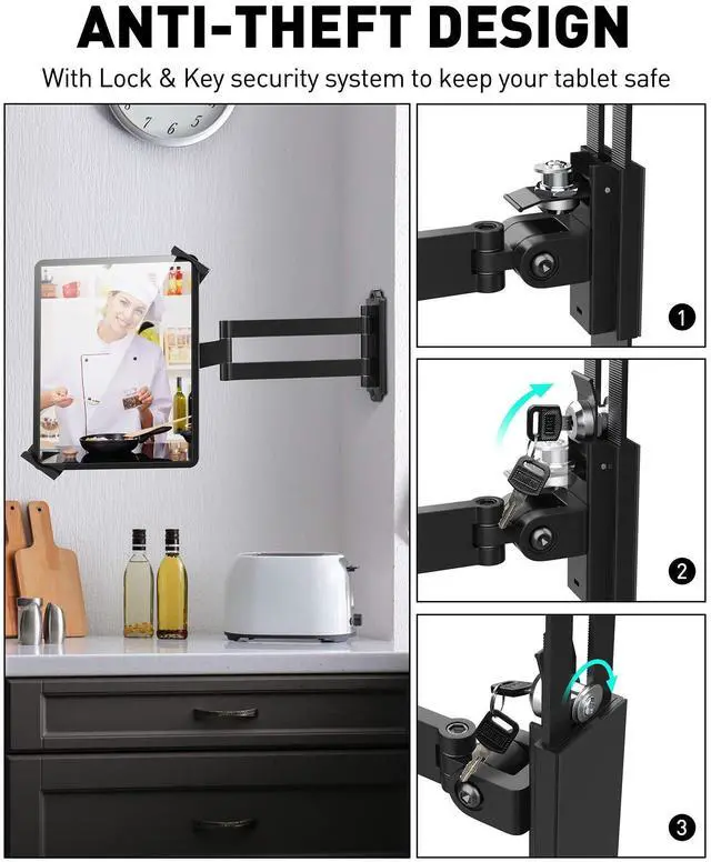 Alt view image 3 of 5 - AboveTEK Tablet Wall Mount - 360° Rotation Tablet Holder Stand with Extension Arm, Anti-Theft Kitchen Mount Fits 7"-11" Tablets Including iPad Pro/Air/Mini, Galaxy Tab - Security Lock & Key - (Black)