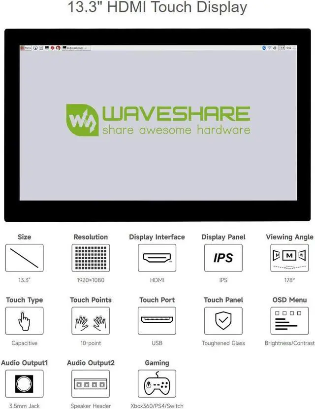 Alt view image 3 of 5 - waveshare 13.3inch Capacitive Touch Screen LCD Compatible with Raspberry Pi 4B/3B+/3A+/2B/B+/A+/Zero/Zero W/WH/Zero 2W CM3+/4 1920x1080 Resolution HDMI IPS Supports Jetson Nano/Windows
