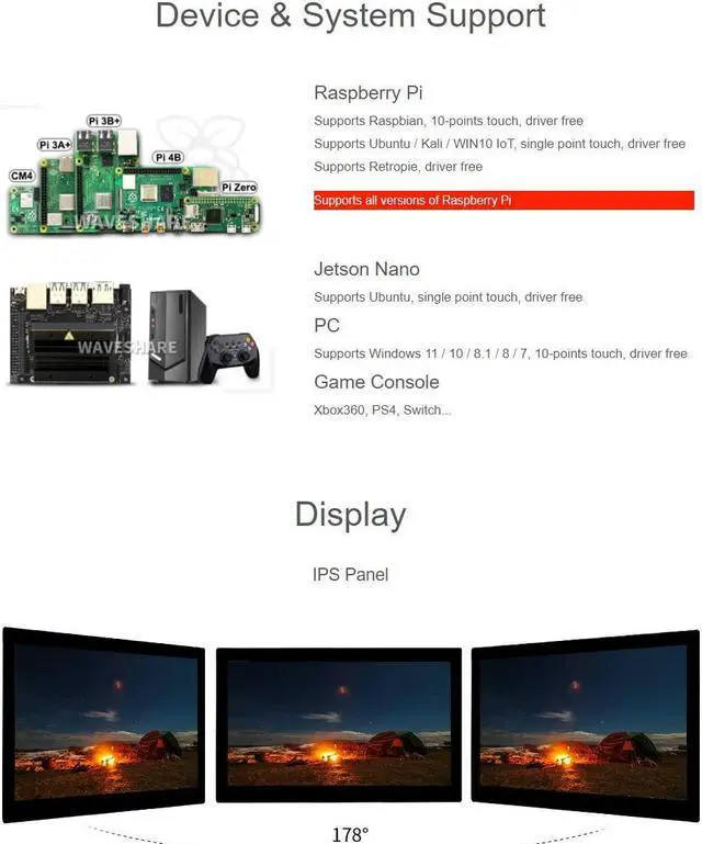 Alt view image 4 of 5 - waveshare 13.3inch Capacitive Touch Screen LCD Compatible with Raspberry Pi 4B/3B+/3A+/2B/B+/A+/Zero/Zero W/WH/Zero 2W CM3+/4 1920x1080 Resolution HDMI IPS Supports Jetson Nano/Windows
