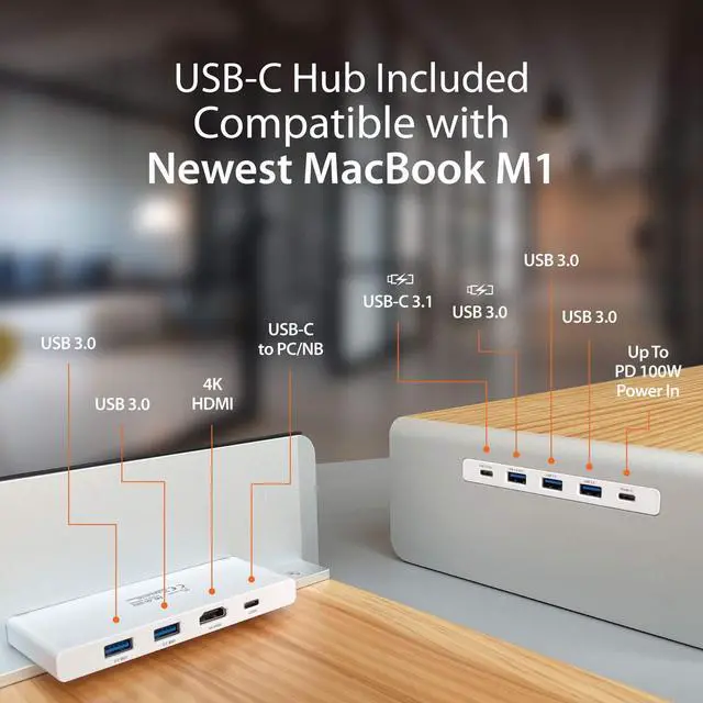 Alt view image 3 of 5 - j5create Wooden Monitor Stand with USB Type C/HDMI Docking Station - USB 3.1 C to C Cable Included - Handmade Wood Panel with Aluminum Riser for Computer Screens, Laptops, TV