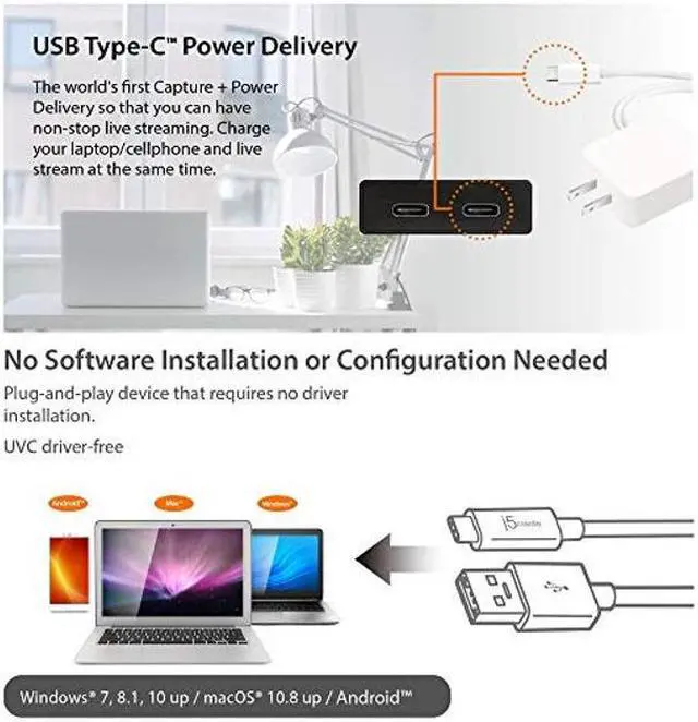 Alt view image 5 of 5 - j5create Live Video Capture Card - HDMI to USB-C, Supports 1080p 60FPS Video and Audio Recording, Power Delivery 60W Pass Through, Ideal for PC Xbox Playstation Android Game Live Streaming (JVA02)
