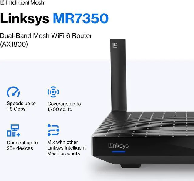 Alt view image 2 of 5 - Linksys Mesh Wifi 6 Router, Dual-Band, 1,700 Sq. ft Coverage, 25+ Devices, Speeds up to (AX1800) 1.8Gbps - MR7350