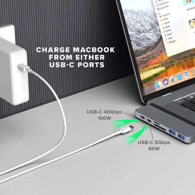 Alt view image 4 of 5 - HyperDrive Duo 7-in-2 MacBook USB C Hub  for Mac w/Dual Ports, 4K60Hz HDMI, 40Gbps USB-C 100W Power Delivery, USB-A, SD/MicroSD, Magnetic Mount  (Space Gray)