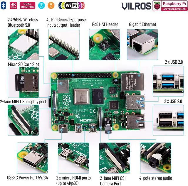 Alt view image 2 of 5 - Vilros Raspberry Pi 4 8GB Model B with USB-C & Micro HDMI Adapters, Heatsink Set of 4 & Quickstart Guide E-Book, Raspberry Pi Kit for Single Board Computer Projects [Includes Ebook]