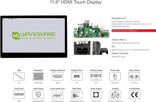 Alt view image 3 of 5 - waveshare 11.6inch Capacitive Touch LCD Screen Compatible with Raspberry Pi4B/3B+/3A+/2B/B+/A+/Zero/Zero W/WH/Zero 2W CM3+/4 1920x1080 Resolution HDMI IPS Supports Jetson Nano/Windows