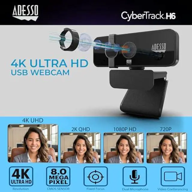 Alt view image 2 of 5 - Adesso Cybertrack H6 4K Ultra HD USB Webcam with Built-in Dual Microphone & Privacy Shutter Cover, Black