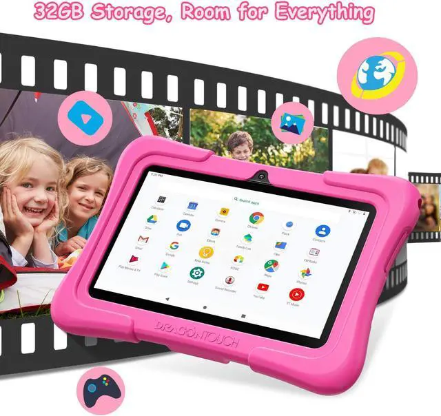 Alt view image 3 of 5 - Dragon Touch Kids Tablets with 32GB Storage, 2GB RAM, 7 inch IPS HD Display, Android 12, Quad Core Processor, Kidoz Pre Installed with Kid-Proof Case, Wi-Fi only - Pink
