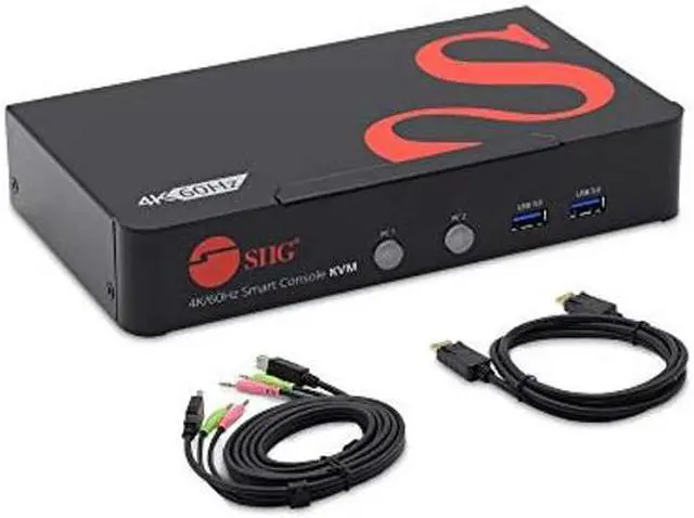 Main image of SIIG 4K DisplayPort 2-Port KVM Switch with Audio and Microphone, DP 1.2 4K60, USB 3.0 x4, USB 2.0 x2, Cables Included, Hotkey Control, TAA Compliant, ESD Protection, Metal housing (CE-DP0F11-S1)