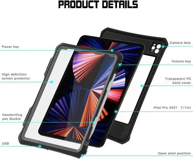 Alt view image 5 of 5 - ShellBox Case for iPad Pro 11 Inch 2021/2020,Full-Body Protective Case,Magnetic Pencil Holder,External Keyboard Interface,IP68 Waterproof Dustproof Shockproof iPad Pro 11 Inch Case (Black)