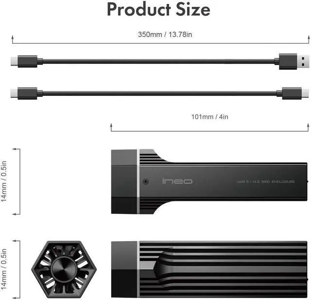 Alt view image 4 of 5 - ineo M.2 NVMe (PCIe) SSD Enclosure Built-in Cooling Fan and Write Protection Switch [C2605-NVMe]