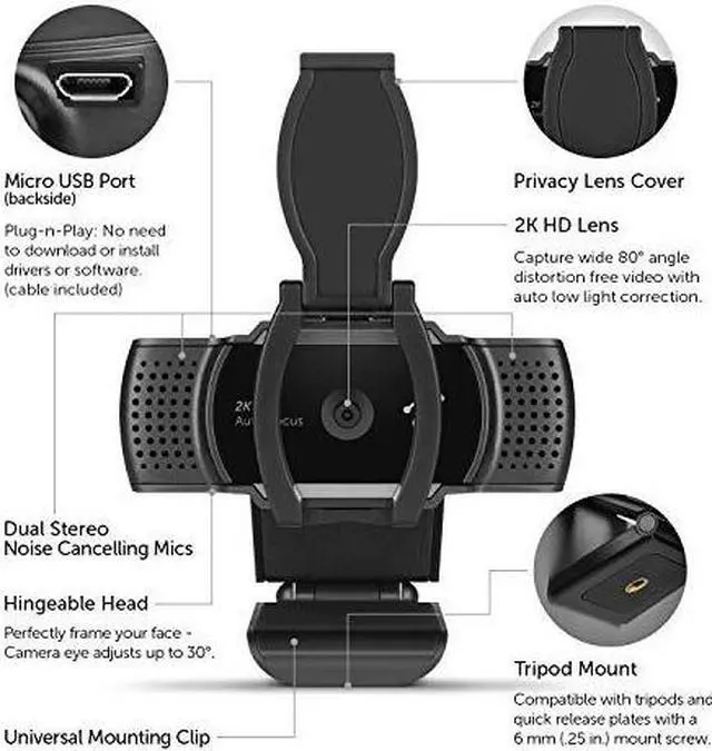 Main image of Aluratek 2K HD Webcam with Dual Stereo Noise Cancelling Mics, Auto Focus and Low Light Correction, Built-in Tripod Mount, Universally Compatible