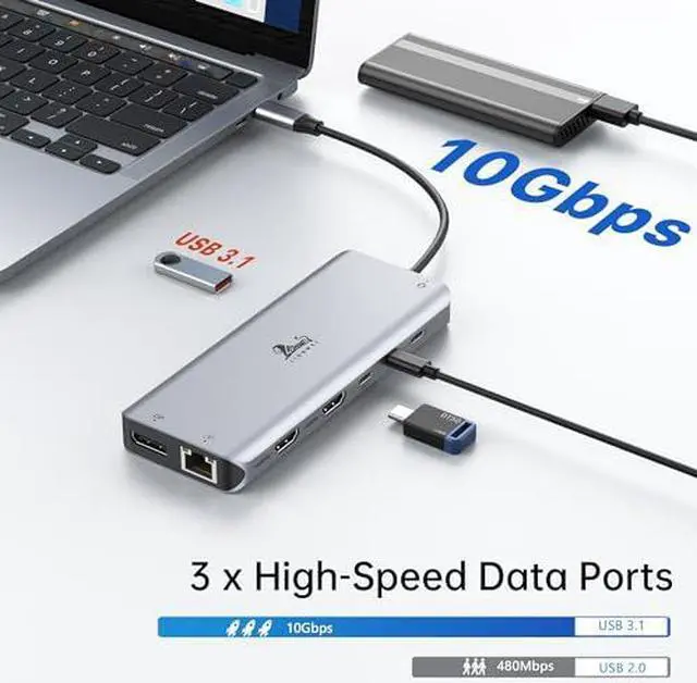 Main image of USB C Laptop Docking Station 3 Monitors, 13 in 1 USB C Hub with Dual HDMI+DisplayPort+10Gbps USB A/C, 100W PD, 6 USB, Ethernet, SD/TF, Audio, USB C Dock with iPhone 15/Mac/Dell/HP/Surface/Steam Deck