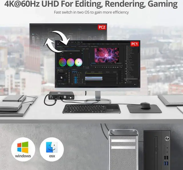 Main image of SIIG 4K HDMI 2 Port KVM Switch with Microphone & Audio, HDMI 4K60, HDCP 2.2, USB 2.0 x4, Cables Included, Support Wireless Keyboard/Mouse,Hotkey Control,Windows & Mac PCs,TAA Compliant(CE-KV0811-S1)