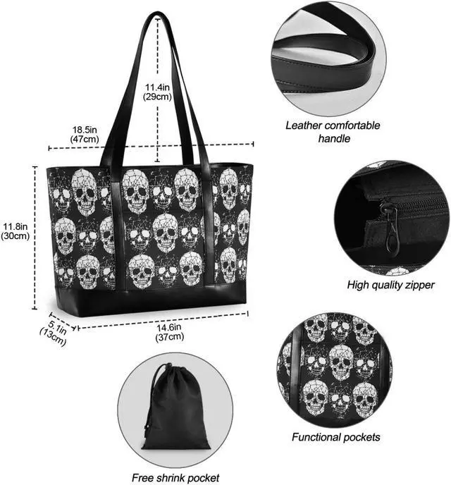 Alt view image 4 of 5 - ALAZA Gothic Skull Laptop Tote Bag,Fits 15.6 Inch Laptop,Womens Lightweight Canvas Leather Tote Bag Shoulder Bag