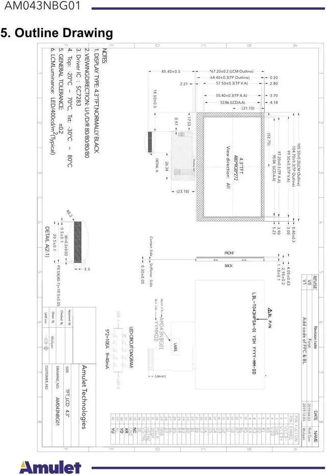Alt view image 2 of 2 - Amulet Technologies 4.3 inch TFT IPS Display 480x272 with Resistive Touch [AM043NBG01]